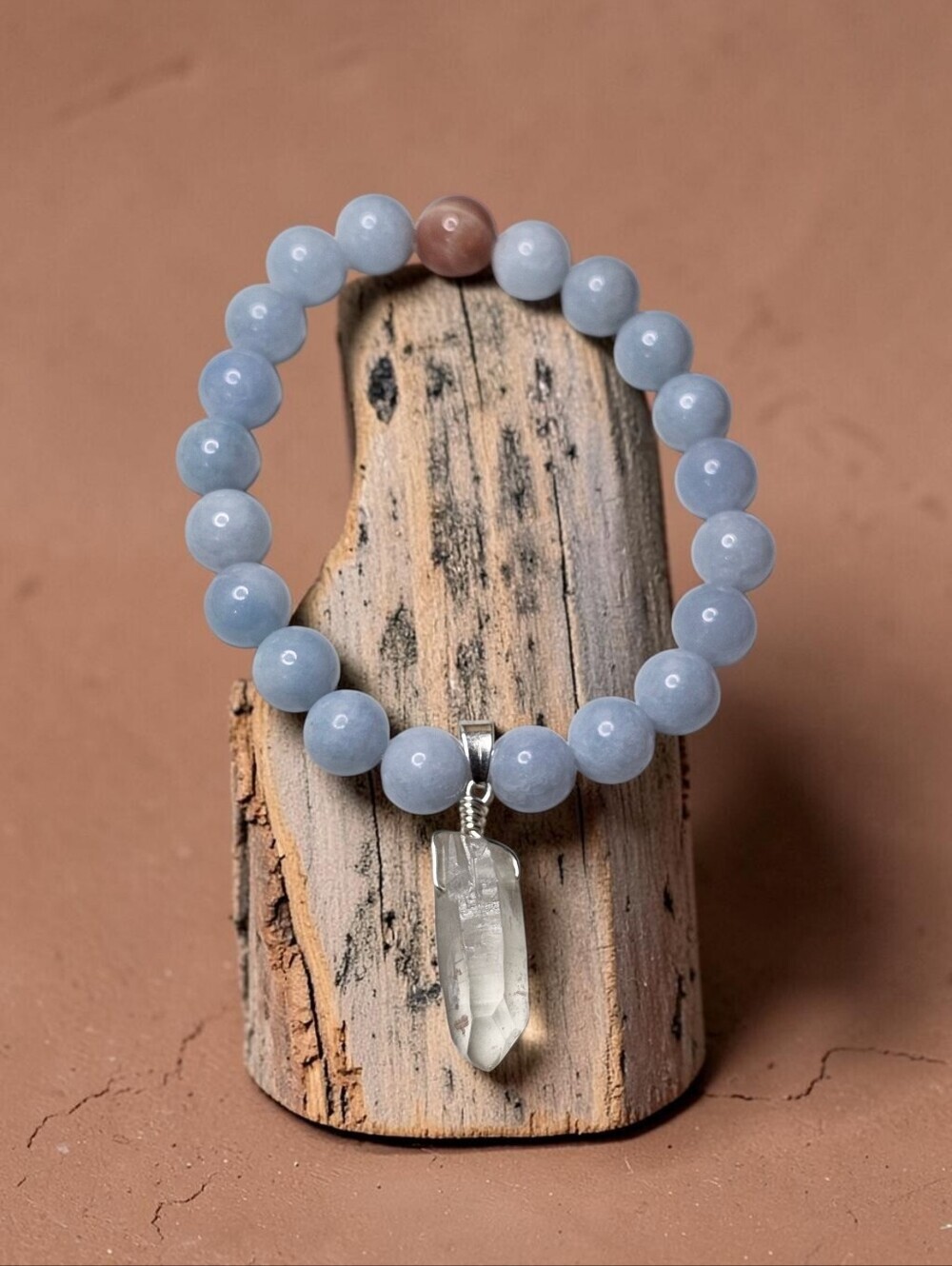 Crystal Pendant Light Aquamarine Beads And Sunstone Stretch Bracelet Hand Made
